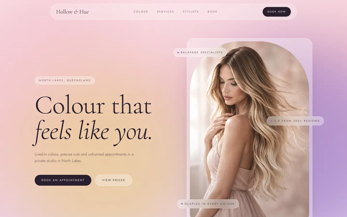 Concept design for Hollow & Hue, a sample salon website by LaunchTrybe: homepage with a Book an appointment button