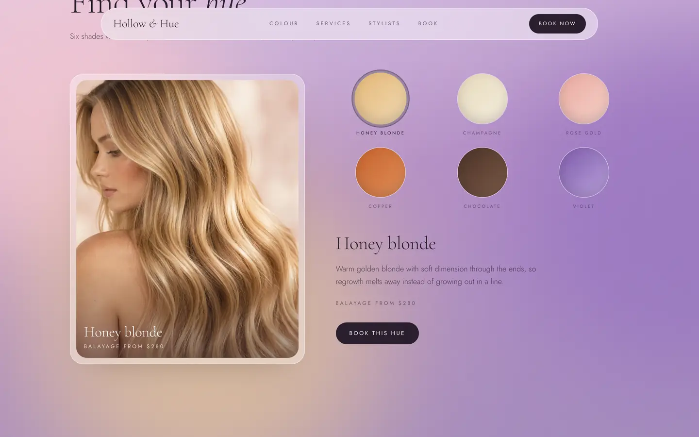 Concept design for Hollow & Hue, a sample salon website by LaunchTrybe: colour menu with shades and balayage prices