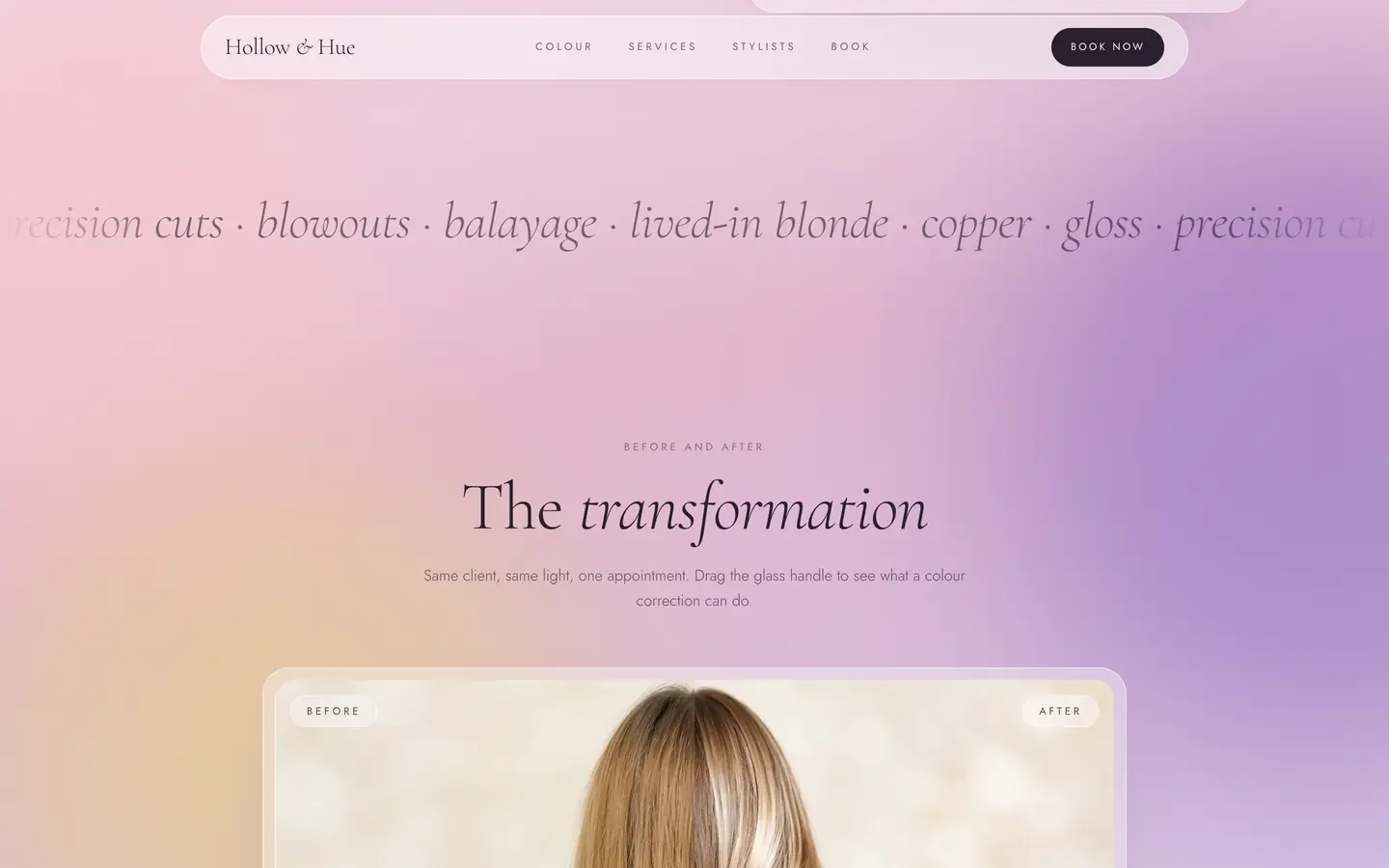 Concept design for Hollow & Hue, a sample salon website by LaunchTrybe: before and after section for a colour correction