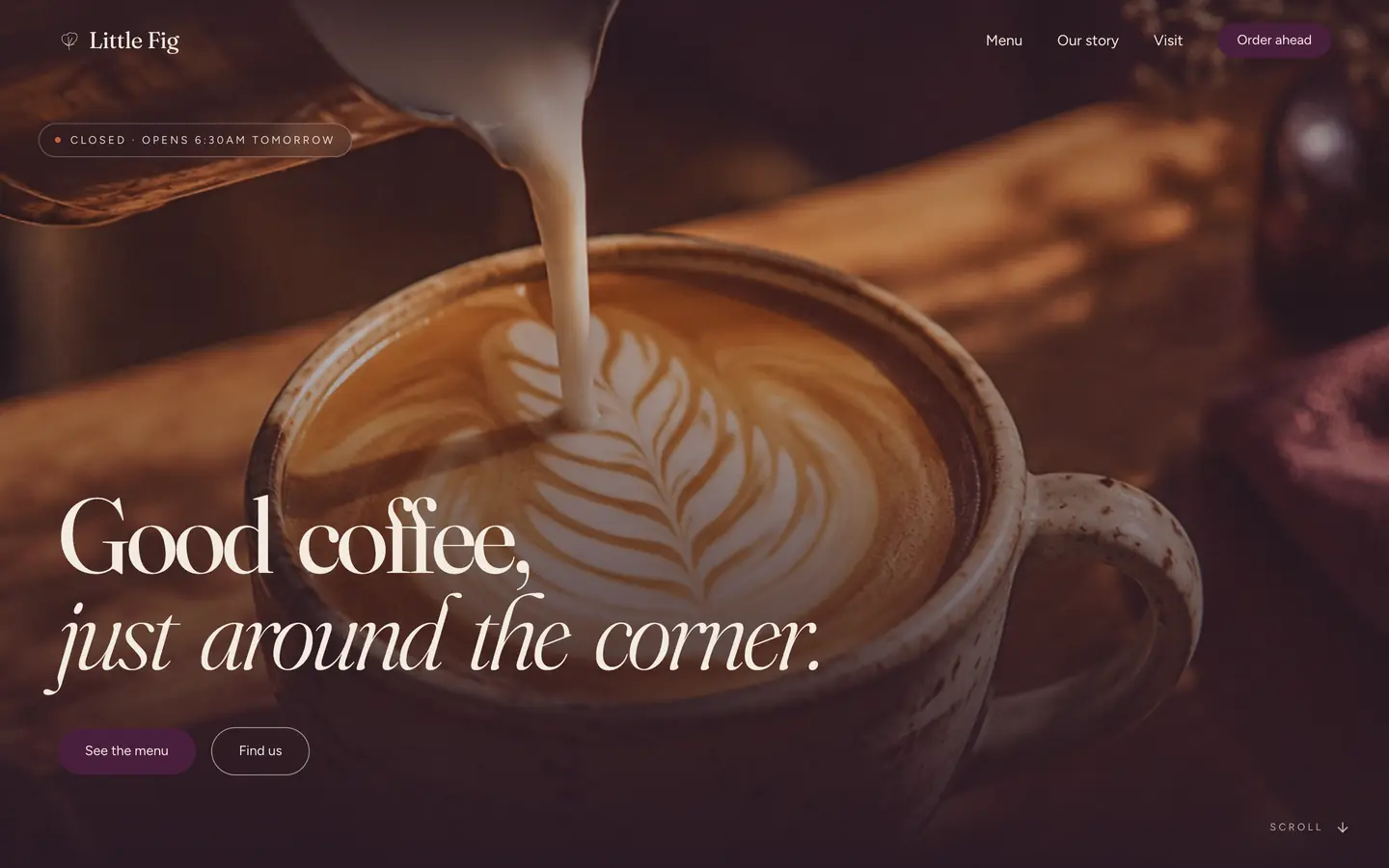 Concept design for Little Fig Café, a sample café website by LaunchTrybe: homepage with a latte art photo and a See the menu button
