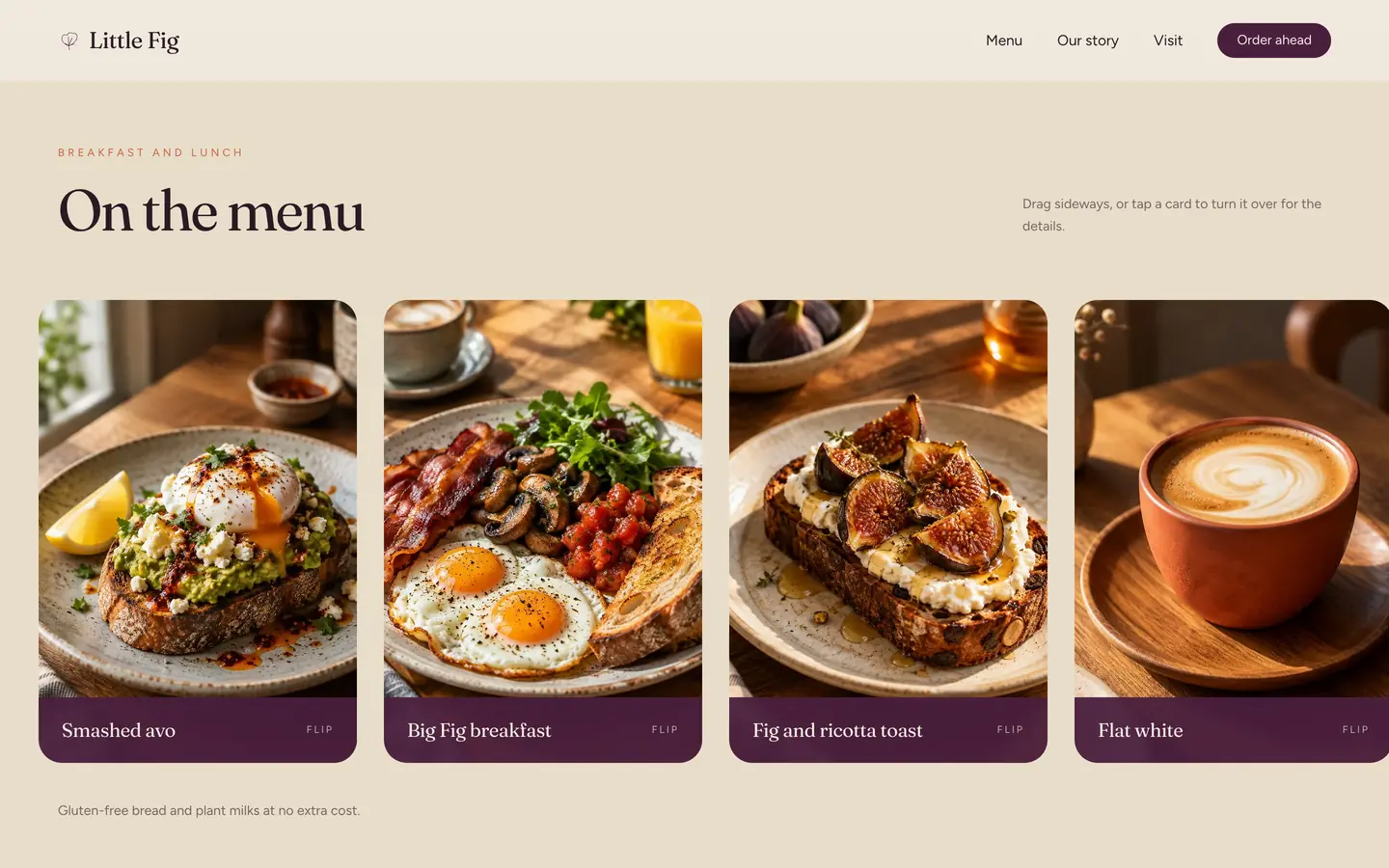 Concept design for Little Fig Café, a sample café website by LaunchTrybe: menu cards for smashed avo, breakfast, fig toast and a flat white