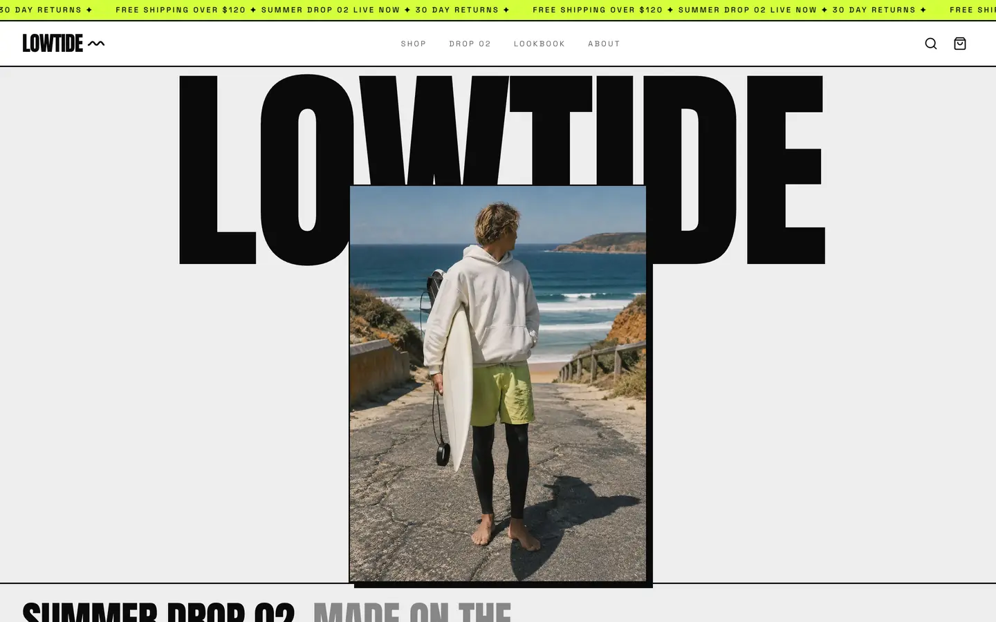 Concept design for Lowtide Supply Co., a sample online store by LaunchTrybe: store homepage with a bold logo and a surfer photo