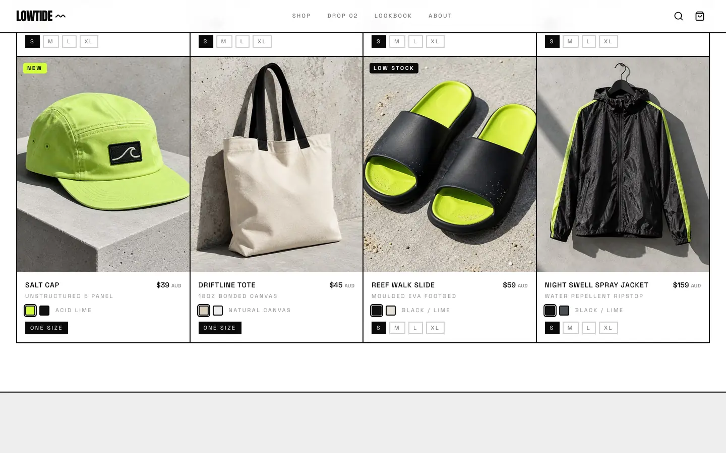 Concept design for Lowtide Supply Co., a sample online store by LaunchTrybe: product grid with a cap, tote, slides and jacket and their prices