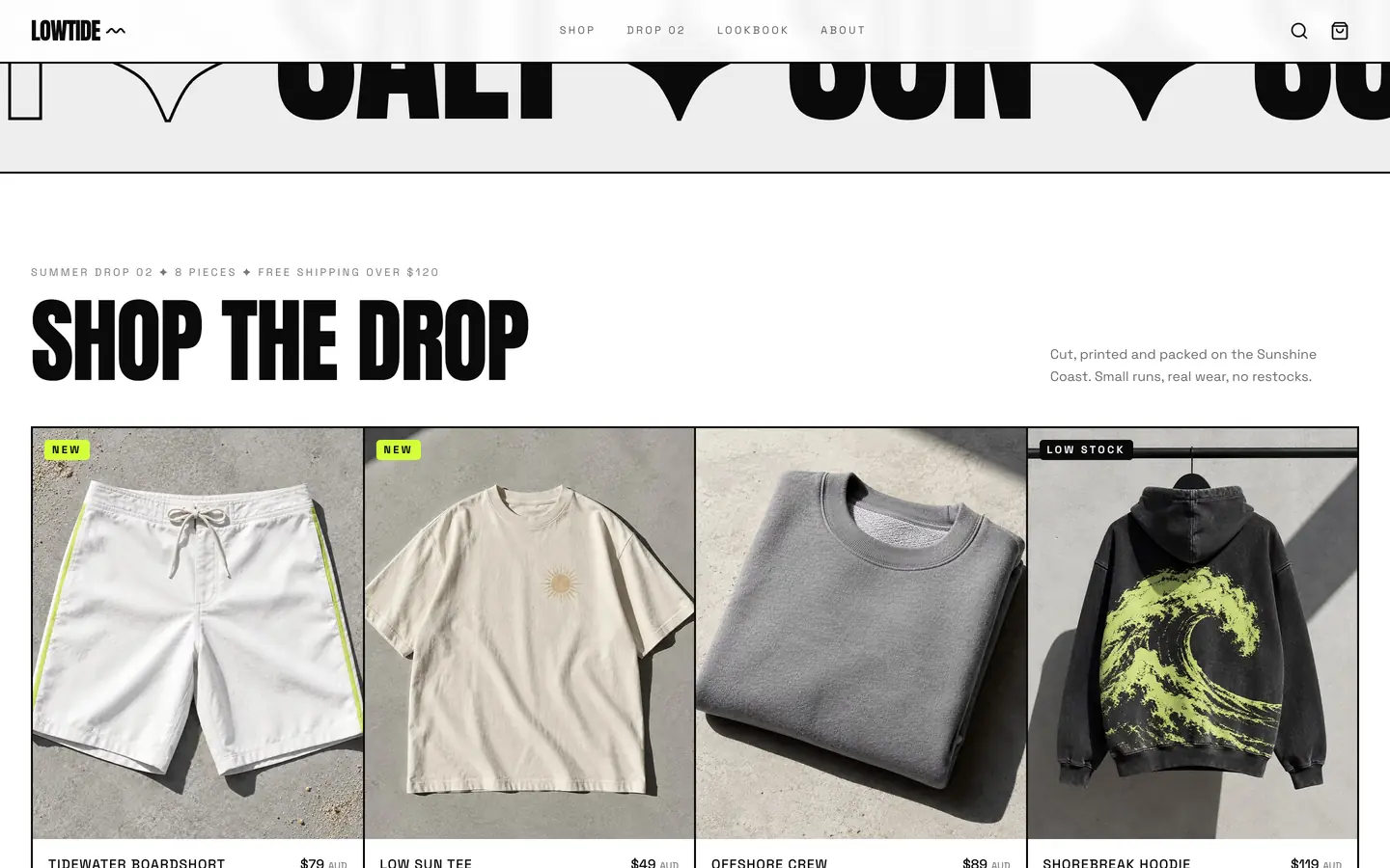 Concept design for Lowtide Supply Co., a sample online store by LaunchTrybe: Shop the drop collection with sizes and stock labels