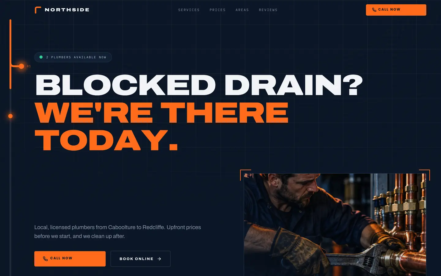 Concept design for Northside Plumbing, a sample tradie website by LaunchTrybe: homepage with a blocked drain headline and call button
