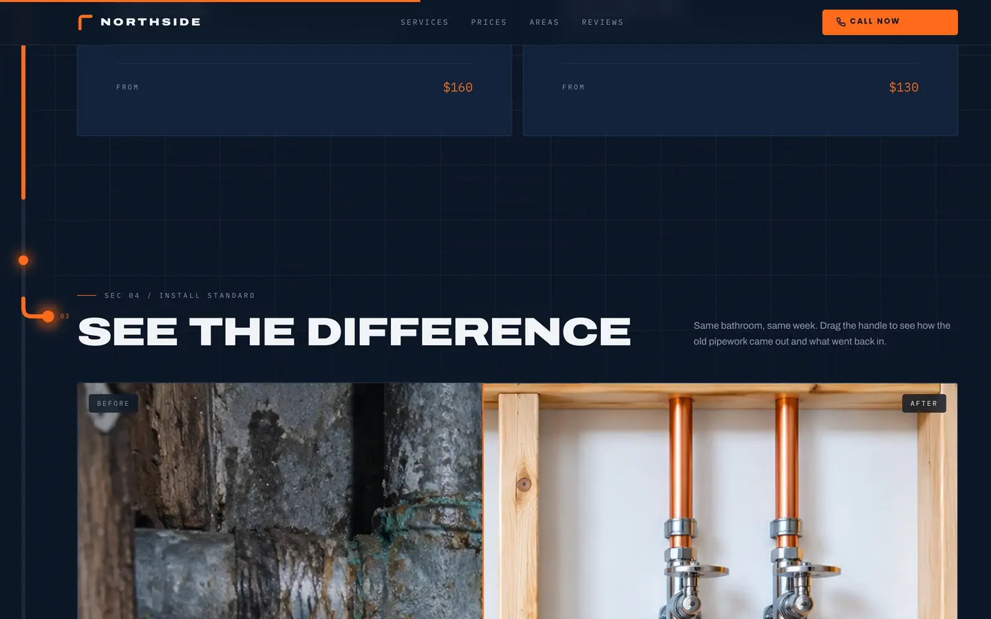 Concept design for Northside Plumbing, a sample tradie website by LaunchTrybe: before and after section showing new pipework